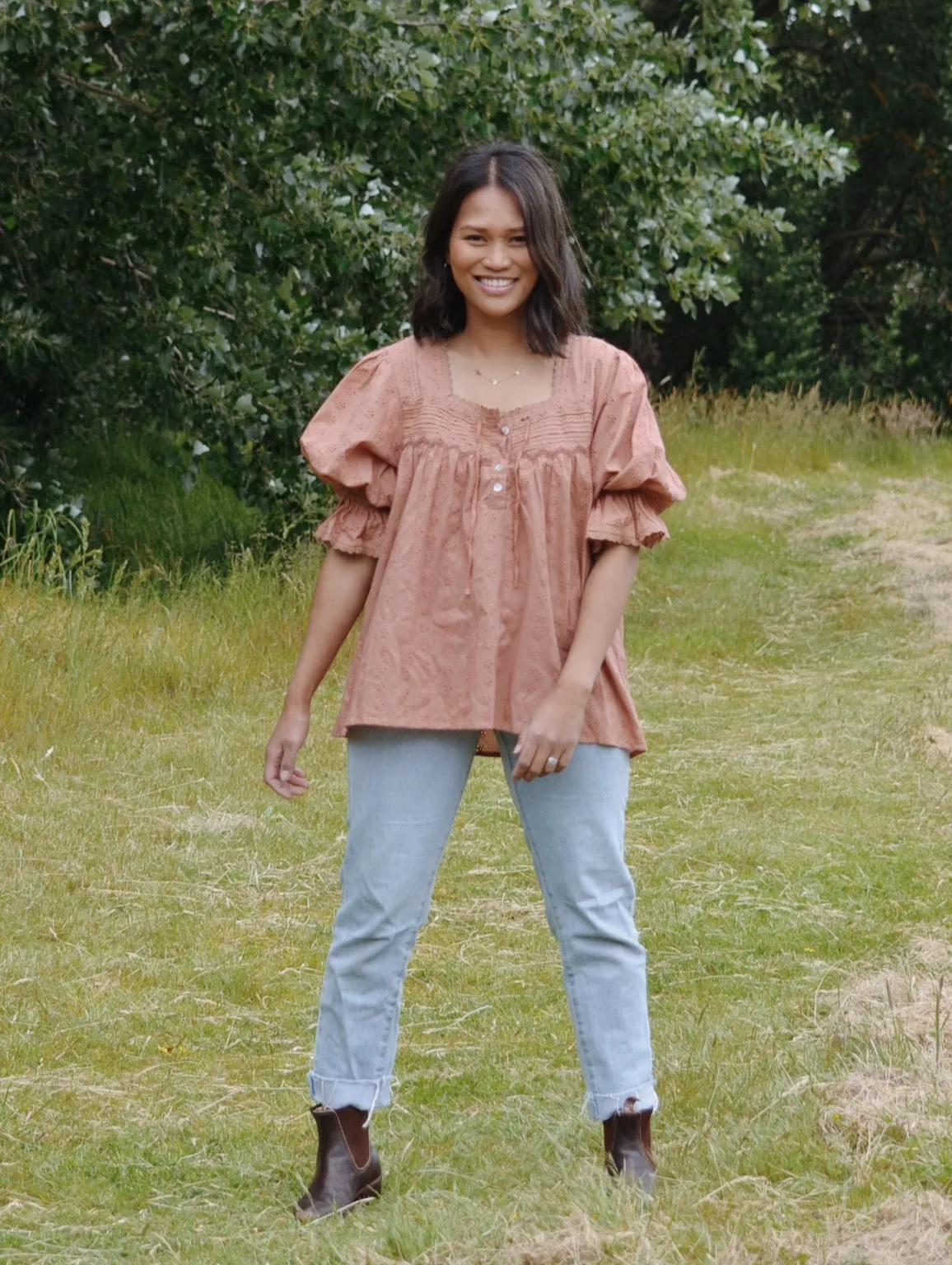 100% RECYCLED COTTON - MORNING SONG HAND SMOCKED BLOUSE ANTIQUE BROWN