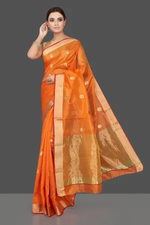 90K174 Orange Chanderi Silk Saree with Golden Zari Minakari Flower Buta