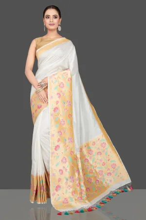 90K570-RO White Silk Katan Saree with Heavy Zari Floral Minakari Border