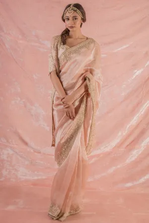 90Z038-RO Pastel Pink Embroidered Tissue Saree with Blouse