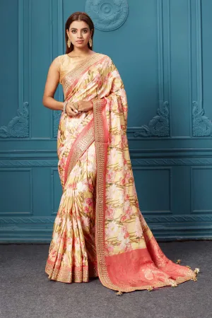 91A016 Yellow Floral Print Crepe Silk Sari with Embroidered Border