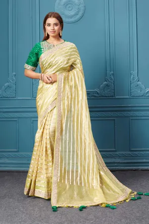 91A052 Yellow Tissue Kora Silk Saree with Green Blouse