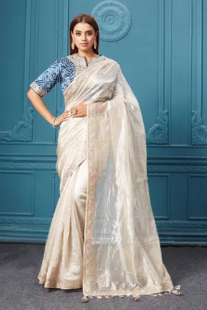 91A055 Silver Embroidered Tissue Kora Silk Saree with Blue Blouse