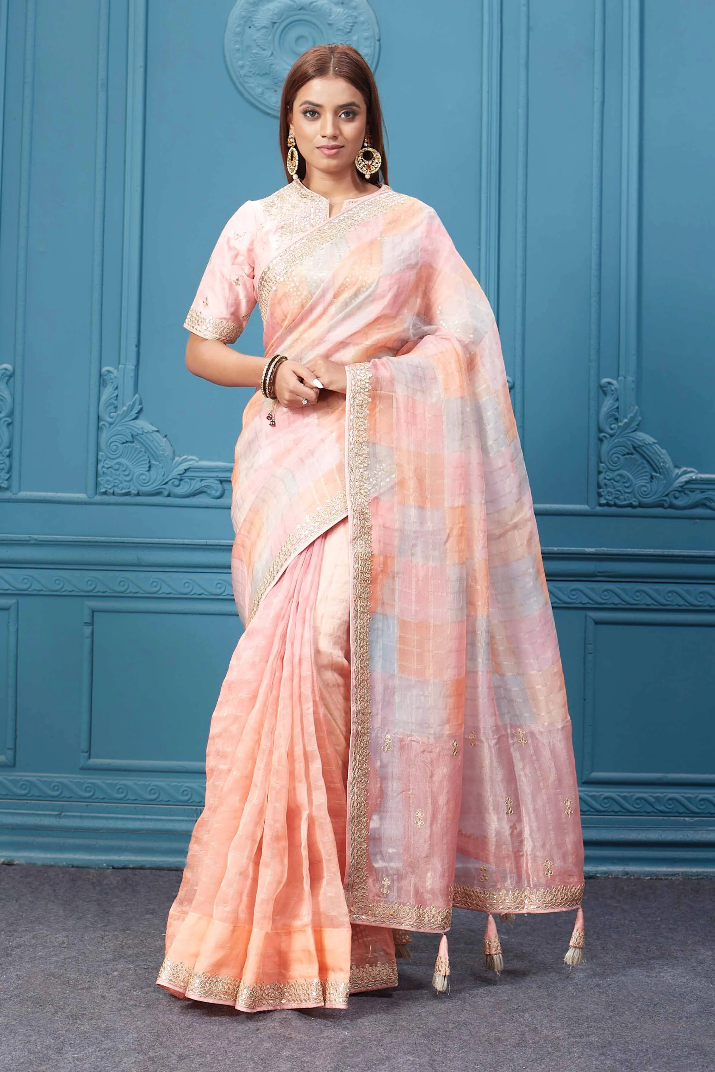 91A059 Peach Embroidered Organza Silk Saree with Designer Blouse