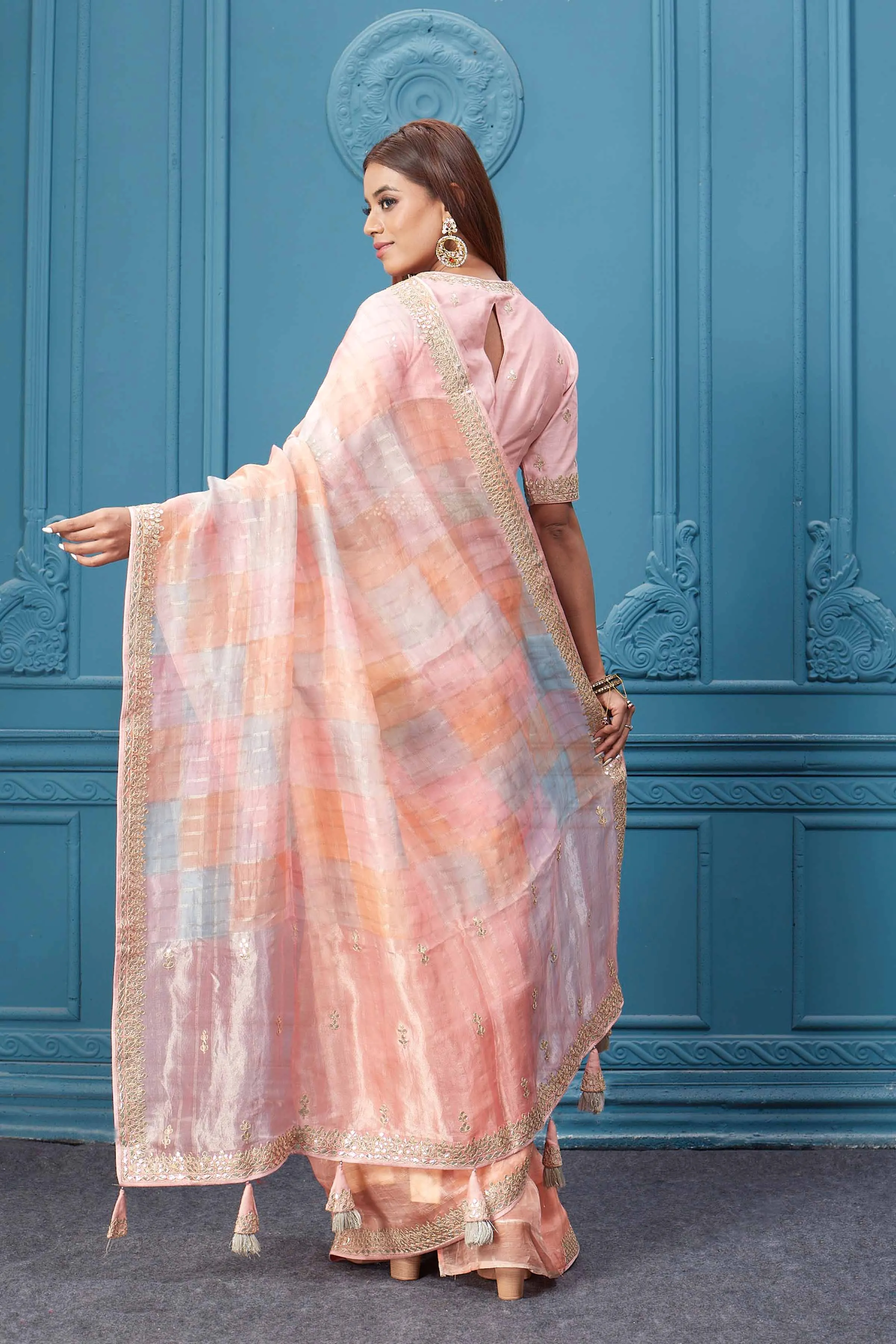 91A059 Peach Embroidered Organza Silk Saree with Designer Blouse