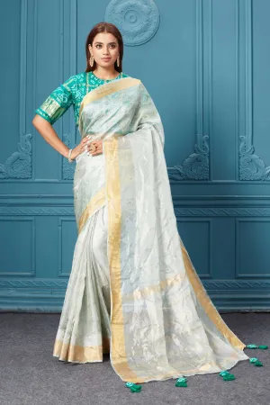 91A077 White Tissue Silk Saree with Green Bandhej Blouse