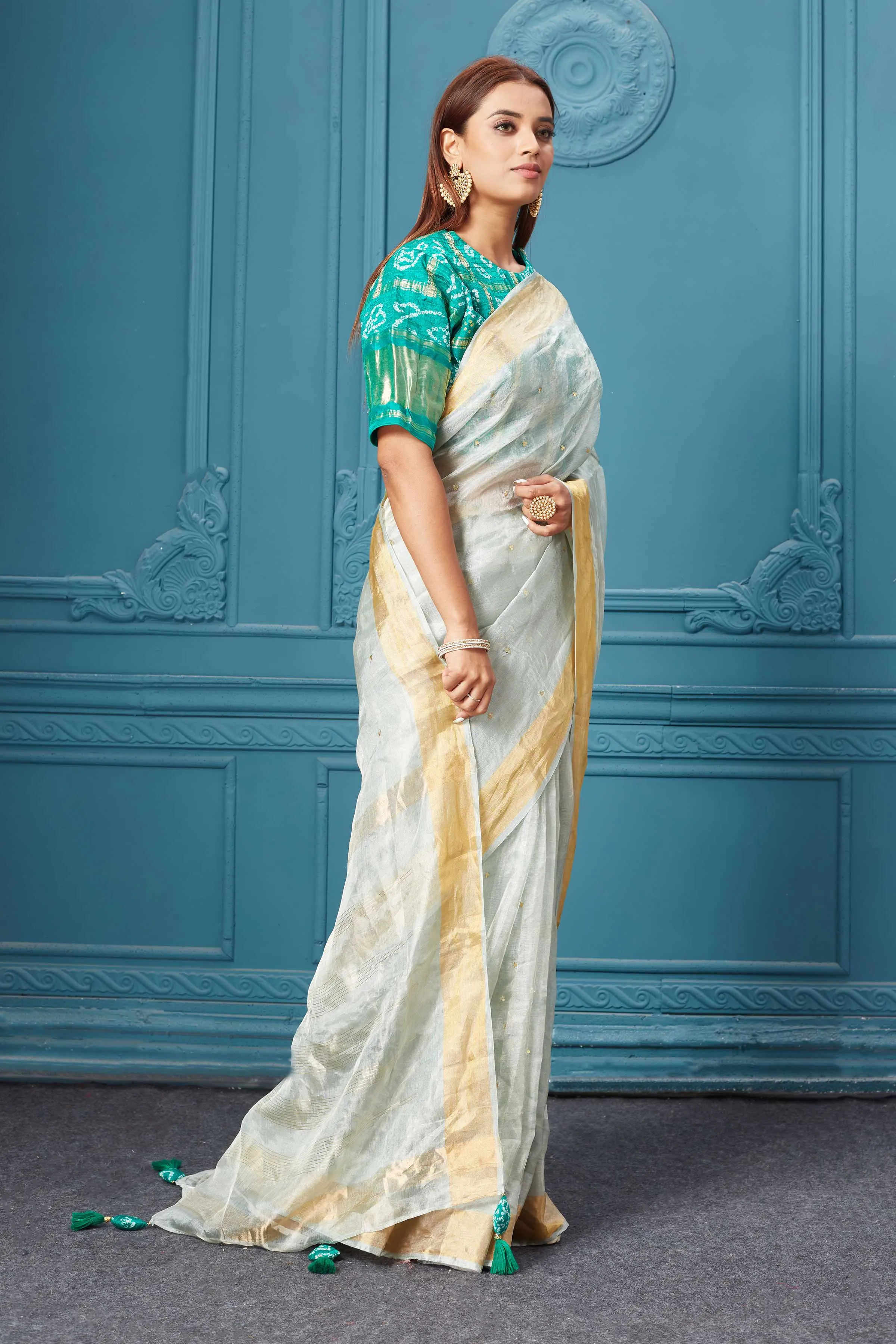 91A077 White Tissue Silk Saree with Green Bandhej Blouse