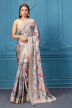 91A115 Beige Floral Crepe Silk Saree with Embroidered Border