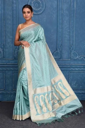 91A185 Sky Blue Tanchoi Silk Banarasi Saree with Zari Border