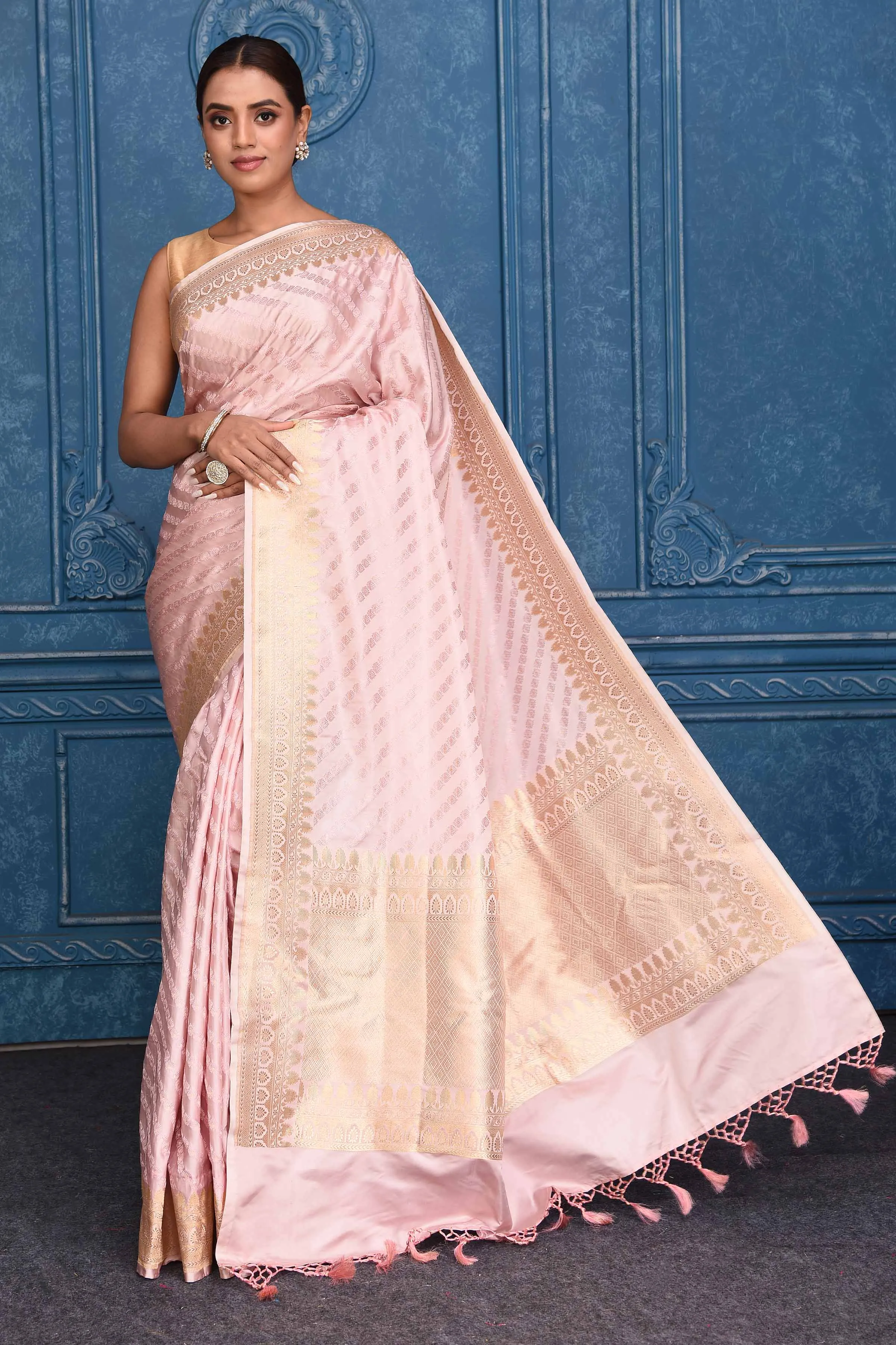 91A190 Powder Pink Katan Silk Banarasi Saree with Zari Stripes