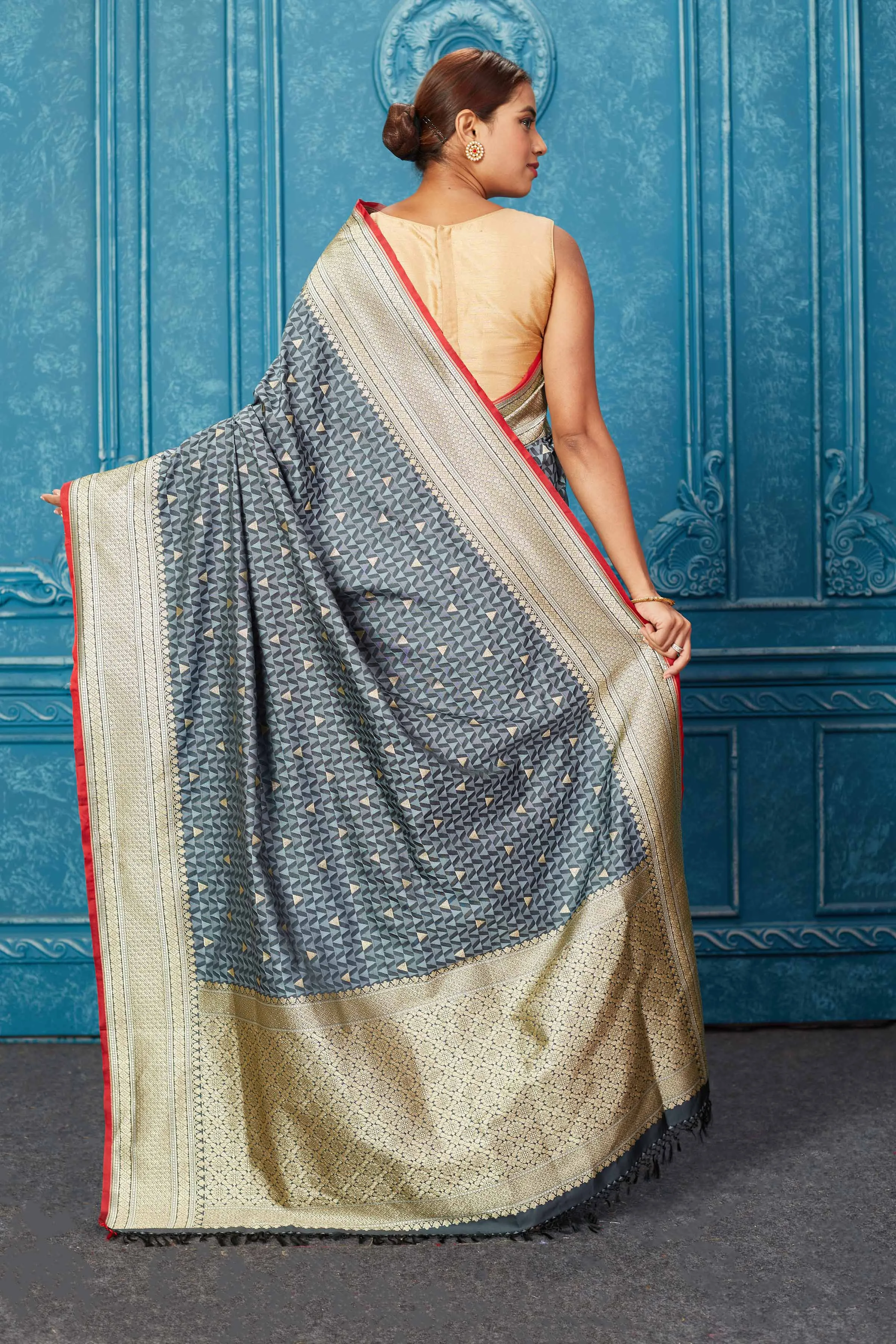 91A251 Grey Mashru Banarasi Saree with Zari Border