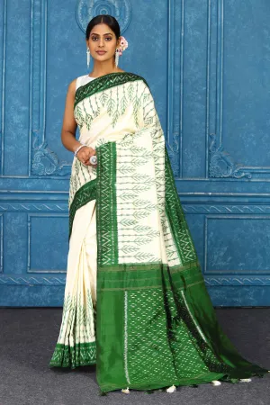 91A429 Cream Pochampalli Ikkat Silk Saree with Green Border