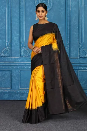 91A462 Yellow and Black Gadhwal Silk Saree with Zari Pallu