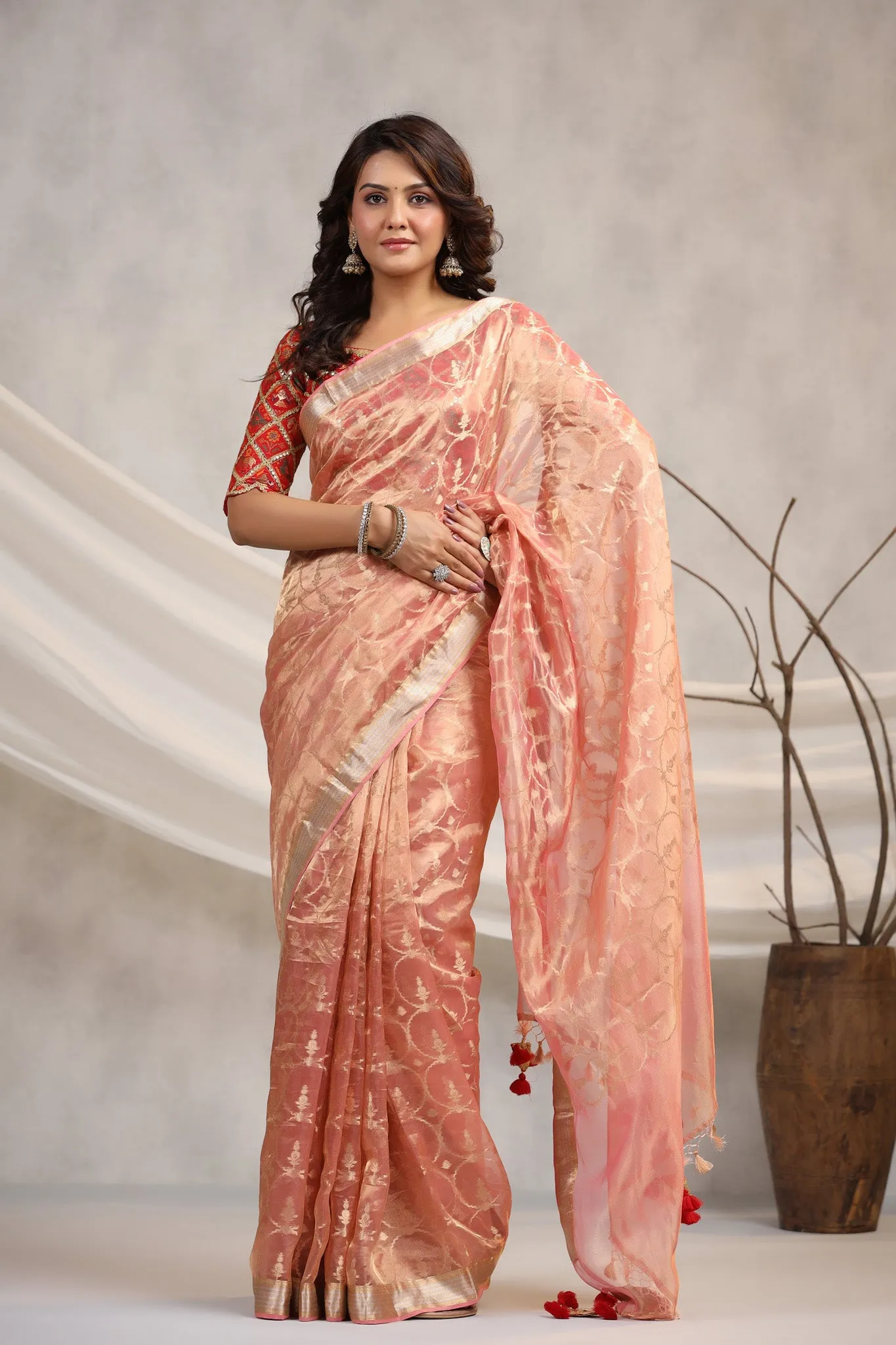 91Z195-RO Light Pink Silk Organza Saree with Red Saree Blouse