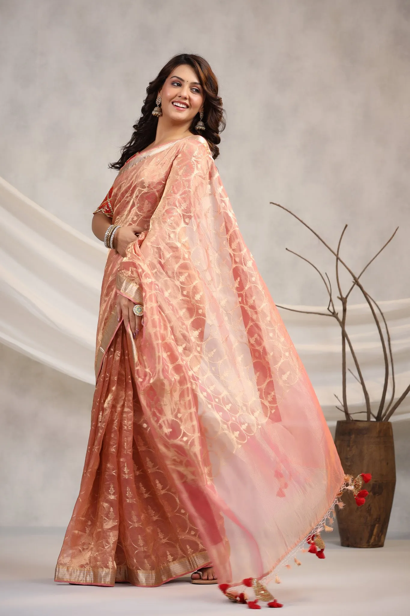 91Z195-RO Light Pink Silk Organza Saree with Red Saree Blouse