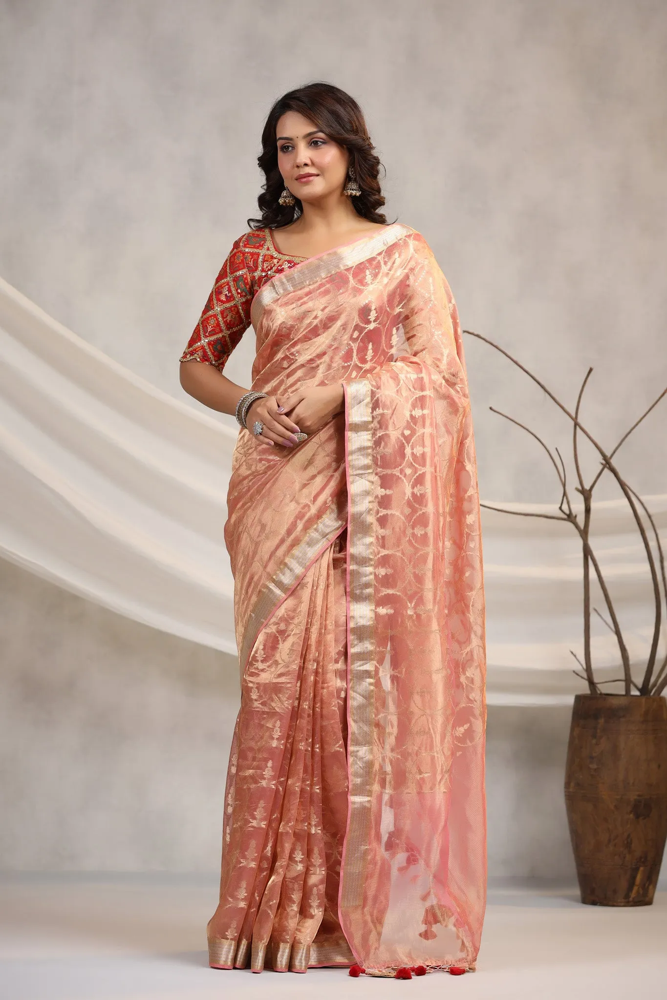 91Z195-RO Light Pink Silk Organza Saree with Red Saree Blouse