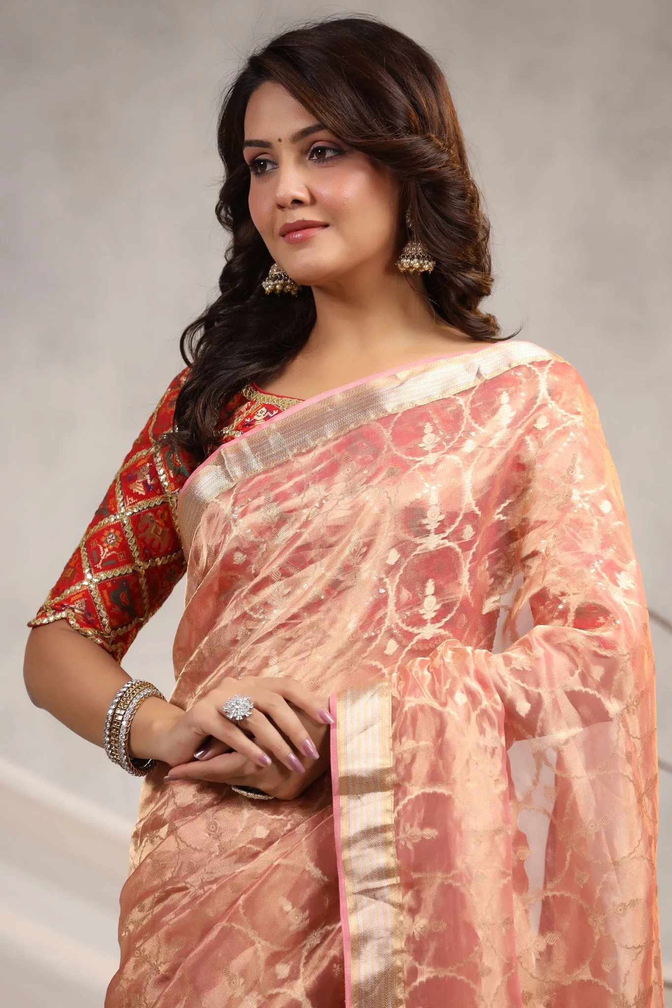 91Z195-RO Light Pink Silk Organza Saree with Red Saree Blouse