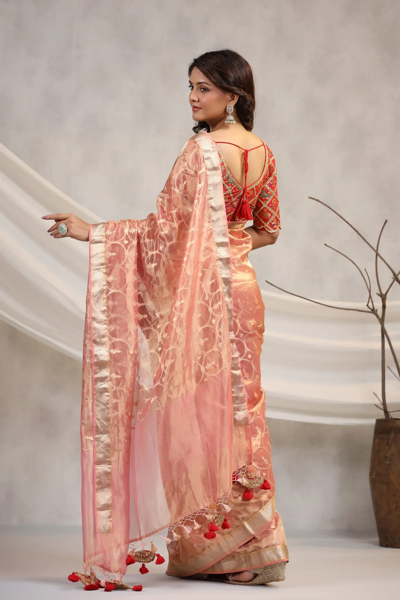 91Z195-RO Light Pink Silk Organza Saree with Red Saree Blouse