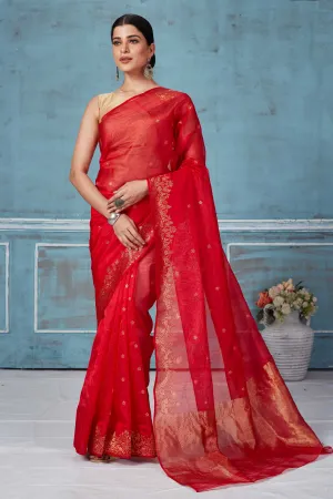 92A163 Red Pattu Silk Saree With Hand Woven Border