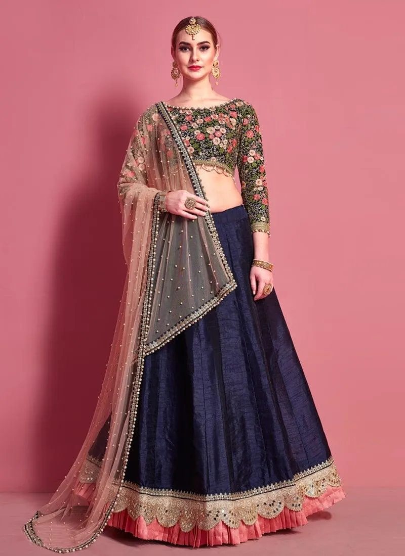 Amazing Look Navy Blue Color Art Silk Material Mirror Work Lehenga