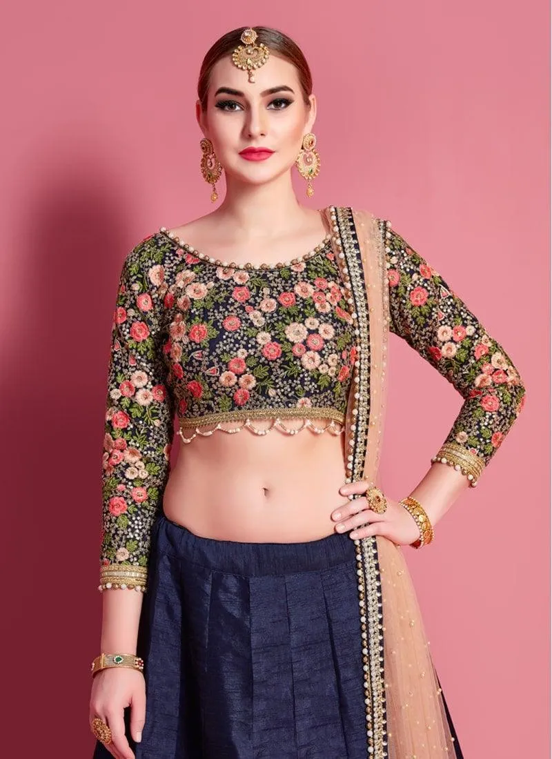 Amazing Look Navy Blue Color Art Silk Material Mirror Work Lehenga