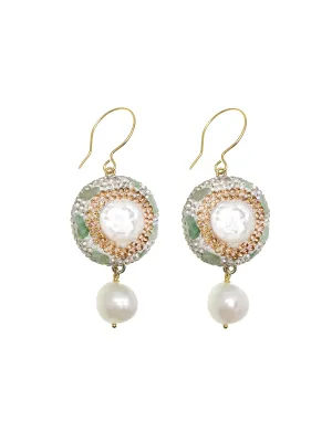 Aventurine Rhinestone With Freshwater Pearl Dangle Earrings GE015