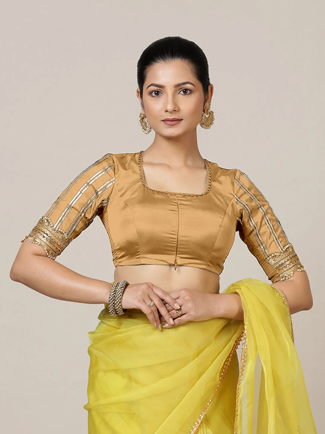 Aziza x Tyohaar | Elbow Sleeves Saree Blouse in Gold