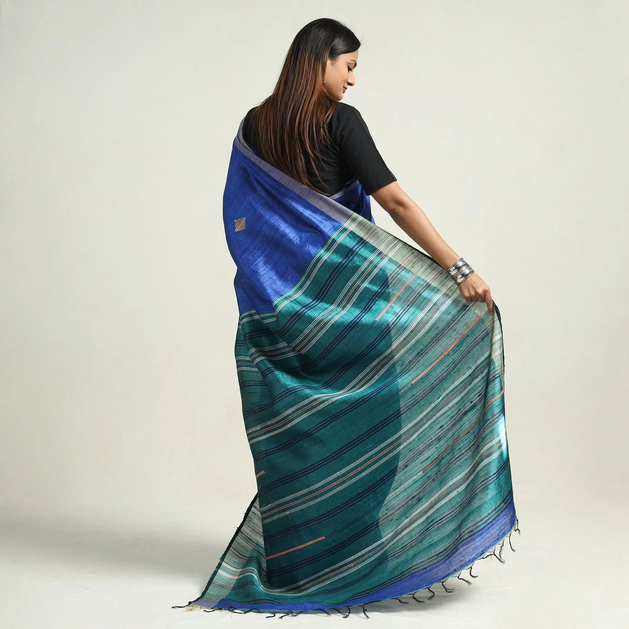 Blue - Bhagalpuri Handloom Desi Tussar Silk Zari Border Saree