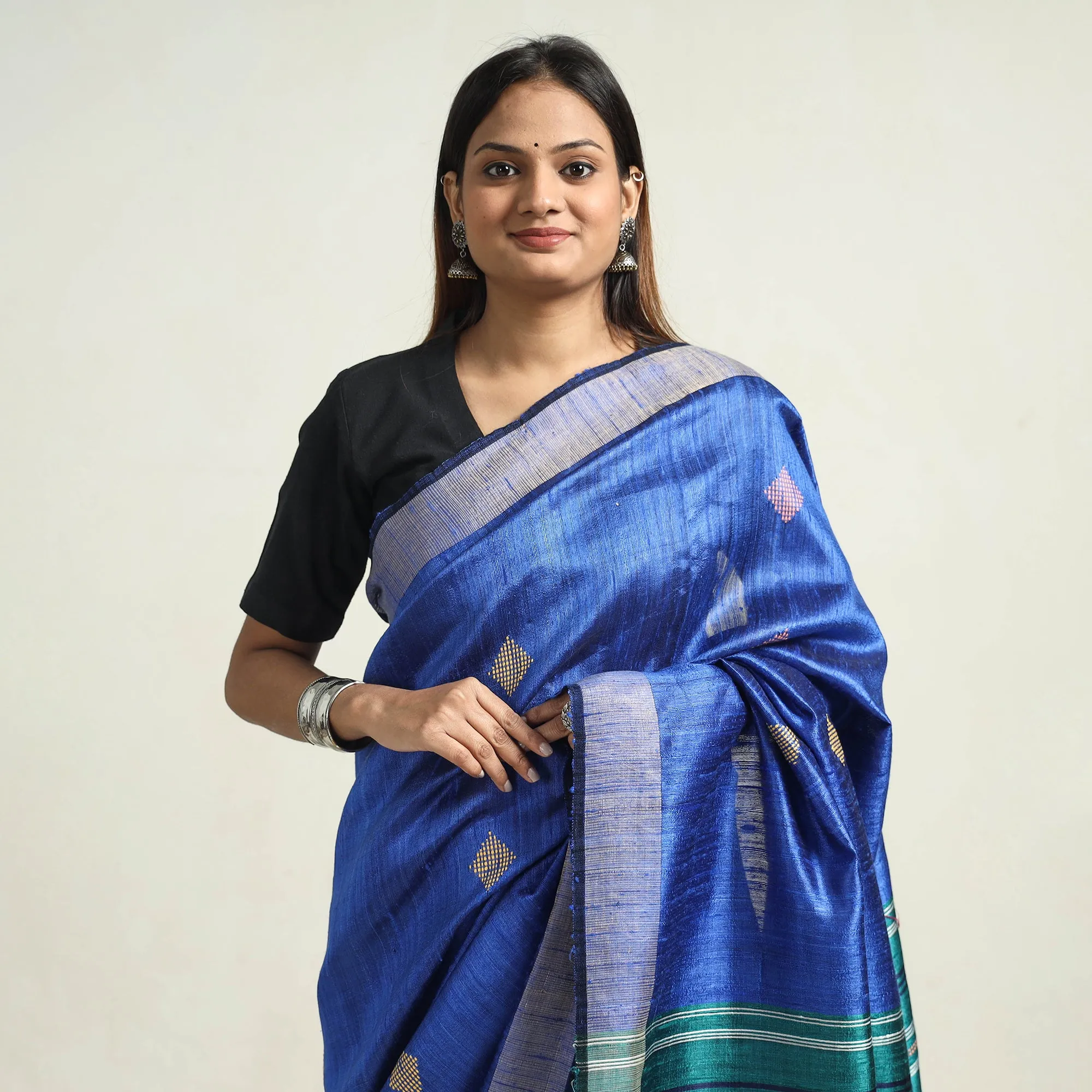 Blue - Bhagalpuri Handloom Desi Tussar Silk Zari Border Saree