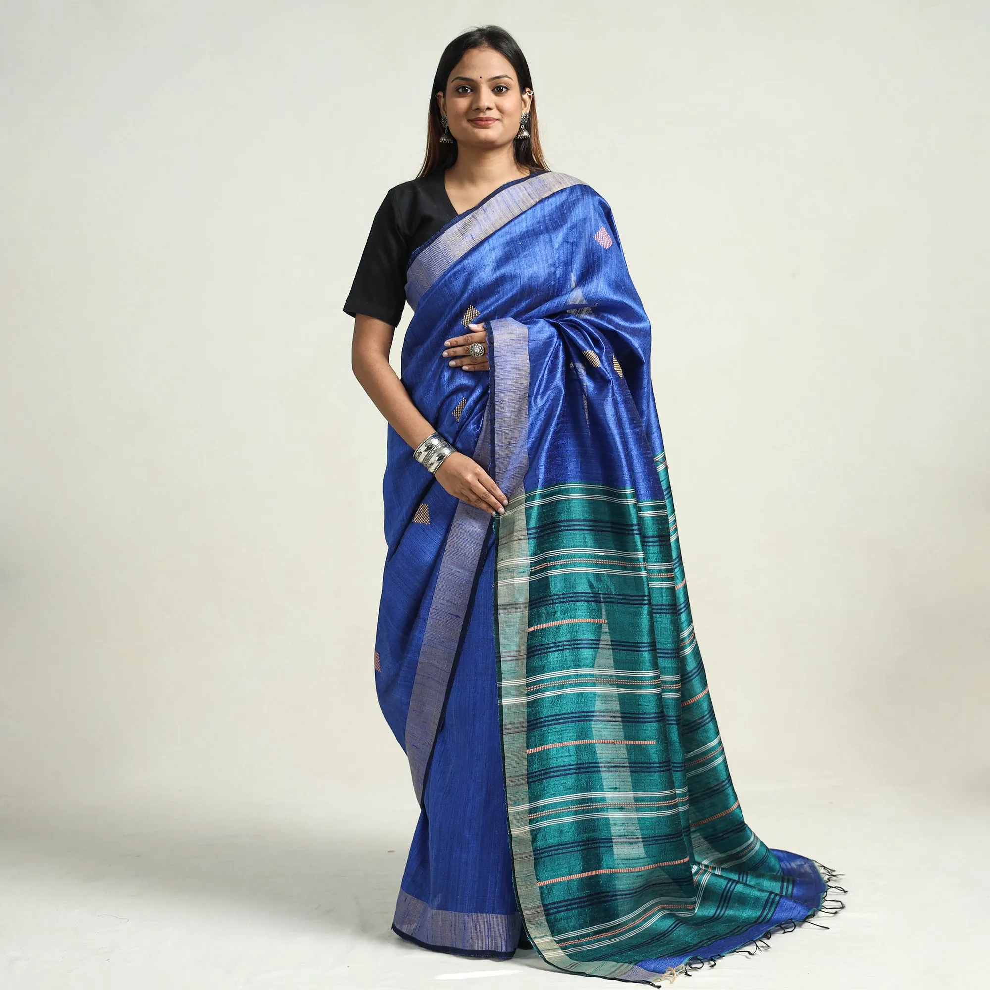 Blue - Bhagalpuri Handloom Desi Tussar Silk Zari Border Saree