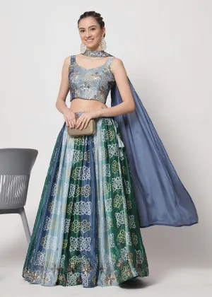 Chinon Silk Blue Sequins & Printed Wedding Party Lehenga Choli