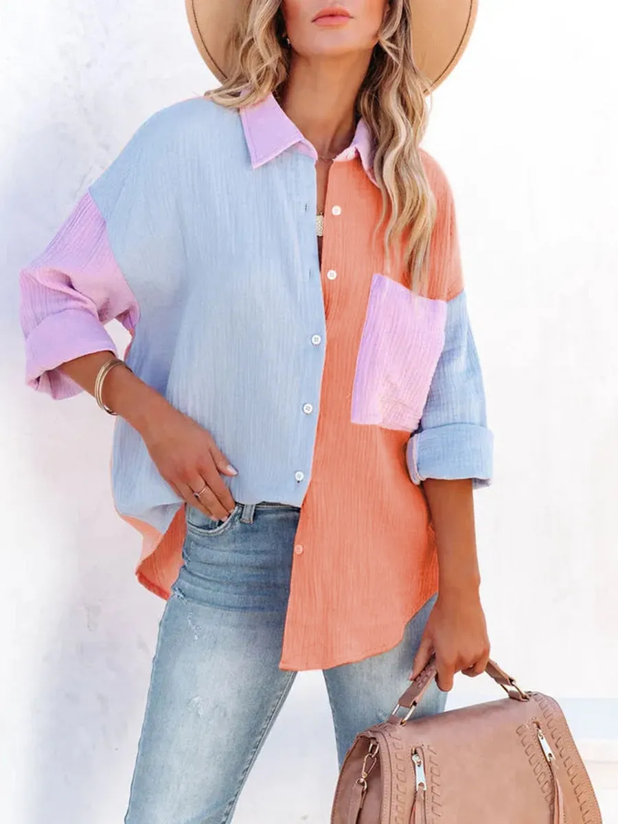 Color Block Textured Johnny Collar Blouse