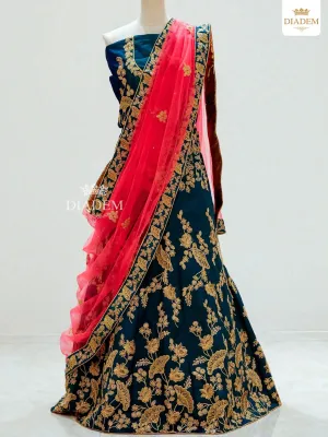 Dark Blue Raw Silk Semi Stitched Embroidered Lehenga with Dupatta