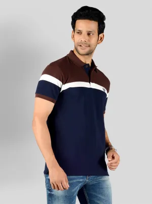 Dark Brown & Navy Blue Striped Slim Fit Polo T-shirt | Greenfibre