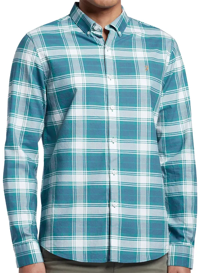 Farah Mens Brewer Slim Fit Long Sleeve Organic Cotton Check Shirt Ocean