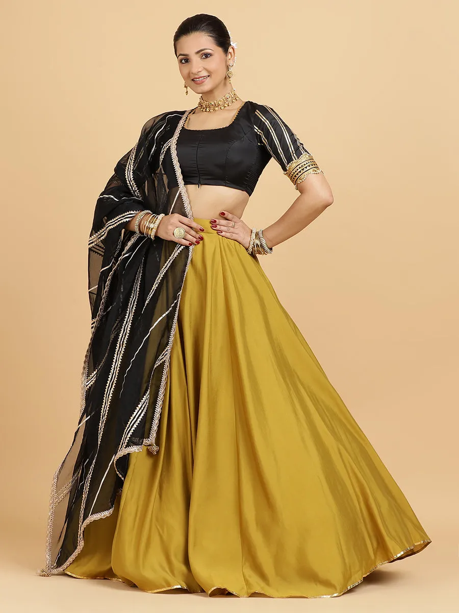 Jhalak Aziza 3-Piece Lehenga Set | Mustard Lehenga, Charcoal Black Blouse | With Chandni Black Dupatta