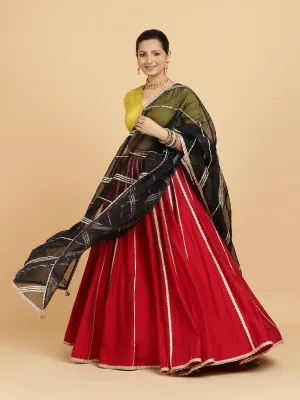 Madhuri Begum 3-Piece Lehenga Set | Red Lehenga, Lemon Yellow Blouse | With Chandni Black Dupatta