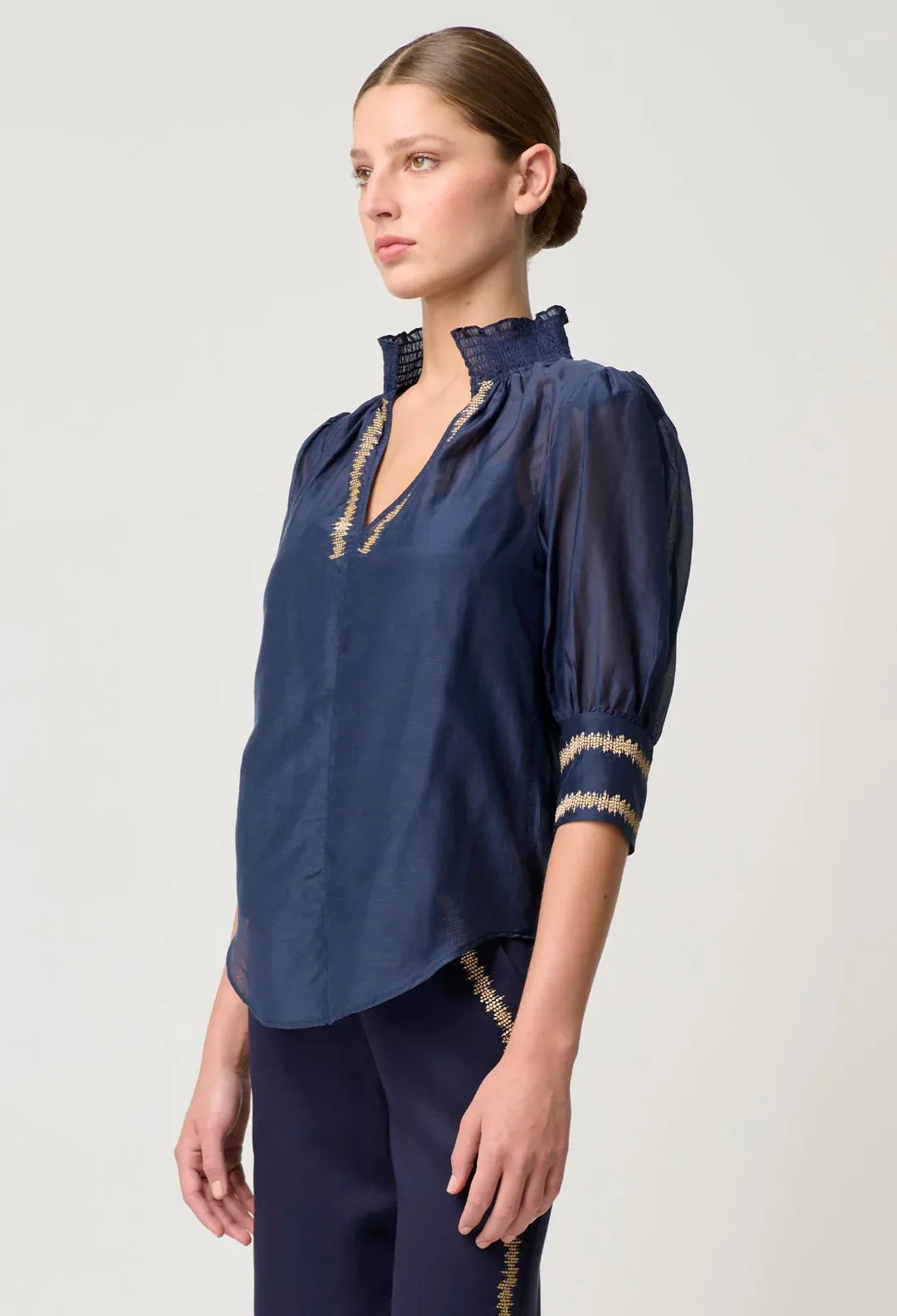 Mustique Cotton Silk Embroidered Blouse in Ink