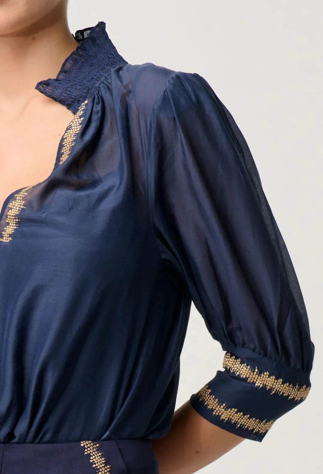 Mustique Cotton Silk Embroidered Blouse in Ink