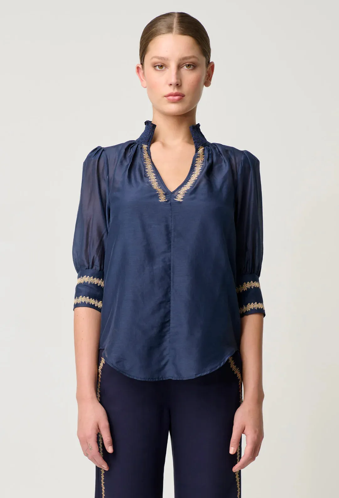 Mustique Cotton Silk Embroidered Blouse in Ink